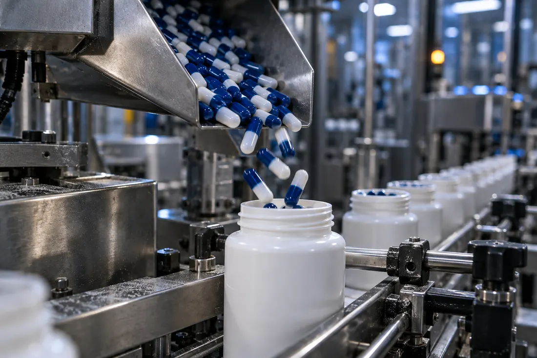 Blue and white capsules dropping from a chute into white bottles