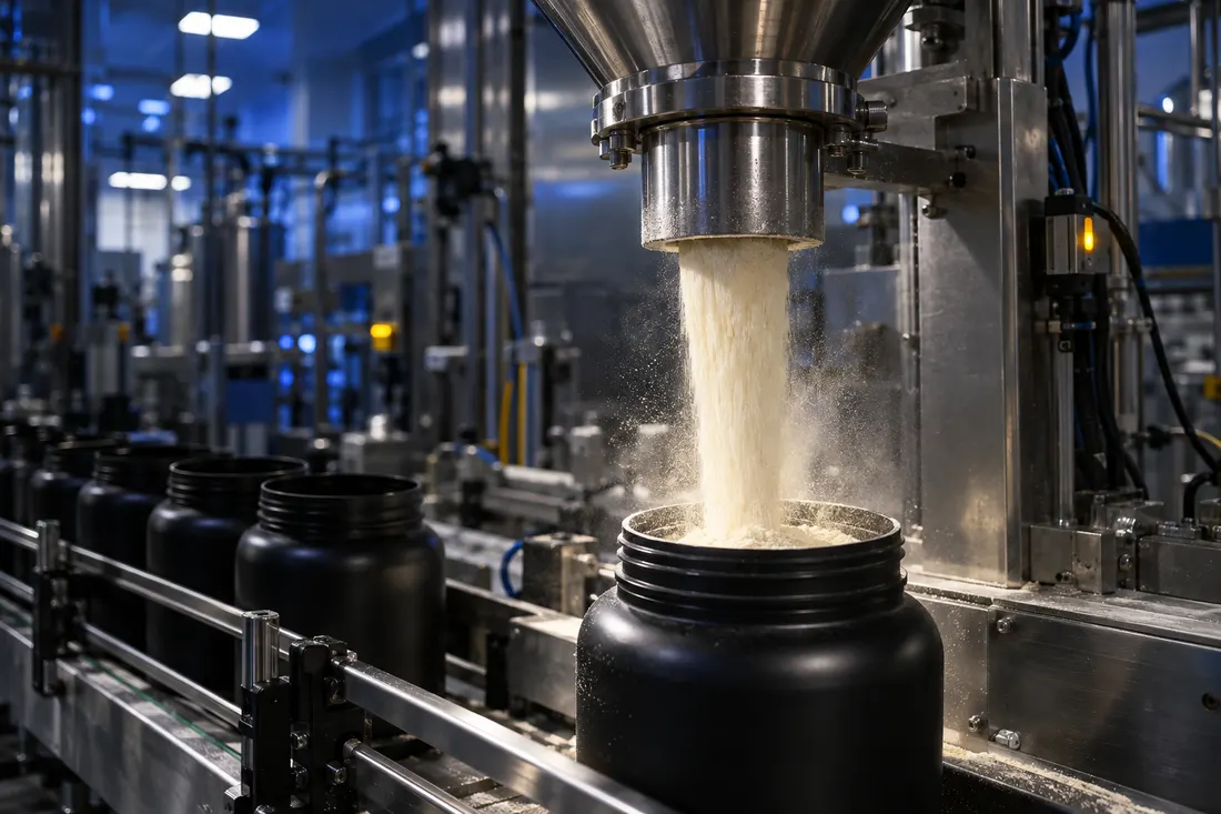 Powder pouring from a stainless steel hopper into a black tub on the filling line