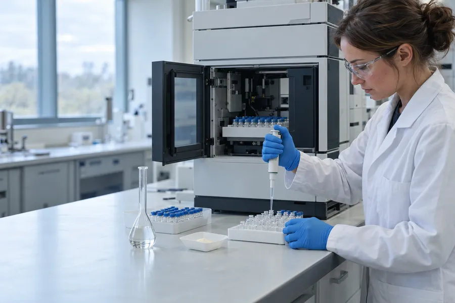A formulation specialist preparing samples at a lab bench