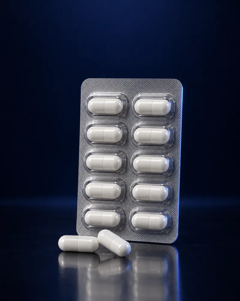 Blister pack of white capsules