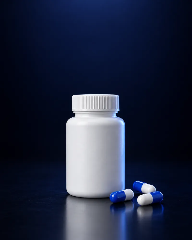 White supplement bottle with capsules beside it
