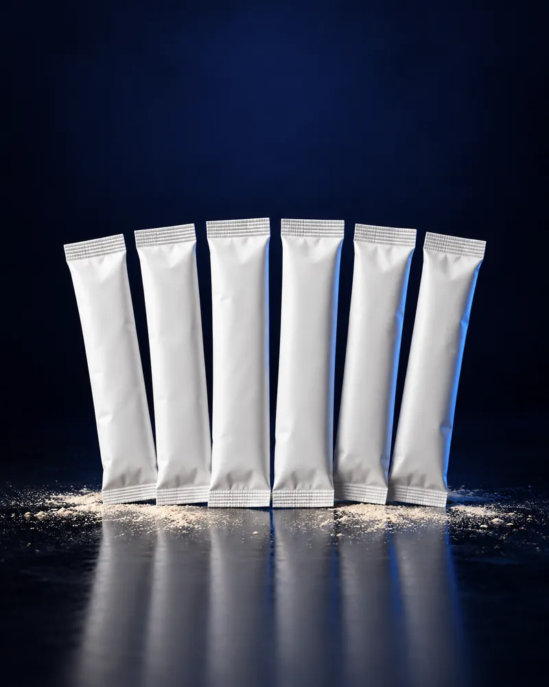 A row of six white single-serve stick packs