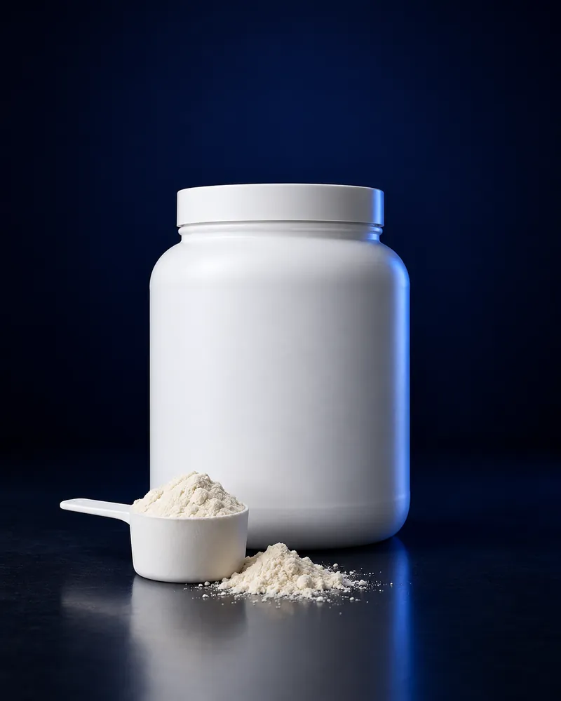 Wide-mouth white tub with a scoop of powder